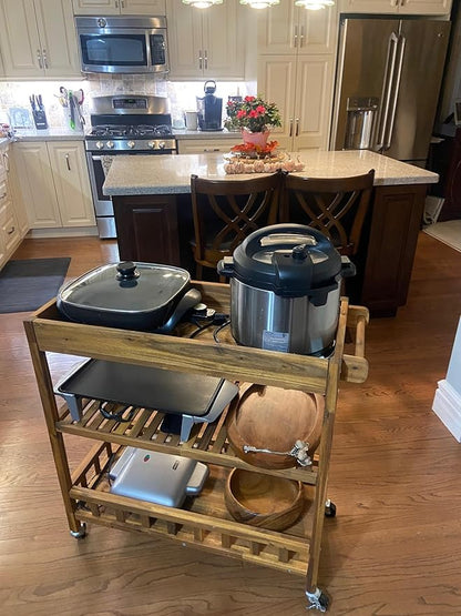 Interbuild 3 Tier Acacia Hardwood Kitchen Cart, Portable Rolling Trolley Cart Kitchen Storage Utility Cart with Towel Rack (Espresso)