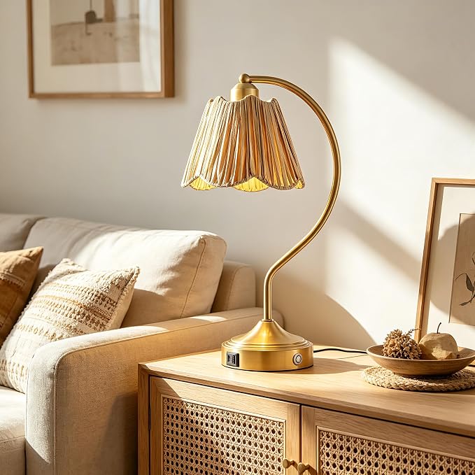 Boho Rattan Touch Small Table Lamps USB C+A Ports | Retro Rattan Shade, 3-Way Dimmable Farmhouse Lamp for Bedroom Living Room Entryway Office, LED Bulbs Included