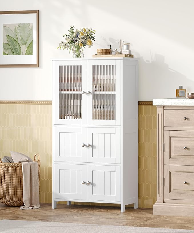 Akxomel 43.3'' H Bathroom Storage Cabinet, Bathroom Floor Cabinet with 6 Doors, Linen Cabinet with Transparent Doors, Modern Bathroom Cabinet for Living Room, Kitchen, Entryway, White