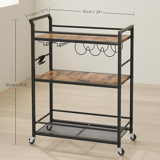 3 Tier Bar Cart, Small Beverage Cart, Mini Bar Cart with Wine Rack, Home Bar Serving Cart with Wheels for Kitchen Dining Living Room (Rustic Brown, General)