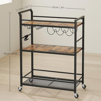 3 Tier Bar Cart, Small Beverage Cart, Mini Bar Cart with Wine Rack, Home Bar Serving Cart with Wheels for Kitchen Dining Living Room (Rustic Brown, General)