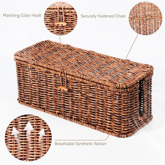 BROWNLILY Rattan Wire Storage Box, Handmade Cord Organizer for Desk Cord Hider Outlet Covers for Power Strip TV PC Router Charger Under Desk Cable Management Box