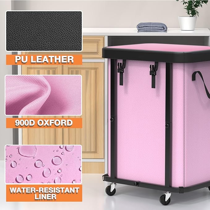 150L (40 Gal) Large Fashion Laundry Basket with Wheels, Leather Patchwork Rolling Hamper Carts, Sturdy Metal Frame, Removable Washable Bag, Tall Clothes Sorter for Bedroom (Pink, 1 Section-150L)