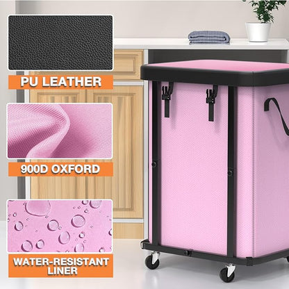 150L (40 Gal) Large Fashion Laundry Basket with Wheels, Leather Patchwork Rolling Hamper Carts, Sturdy Metal Frame, Removable Washable Bag, Tall Clothes Sorter for Bedroom (Pink, 1 Section-150L)