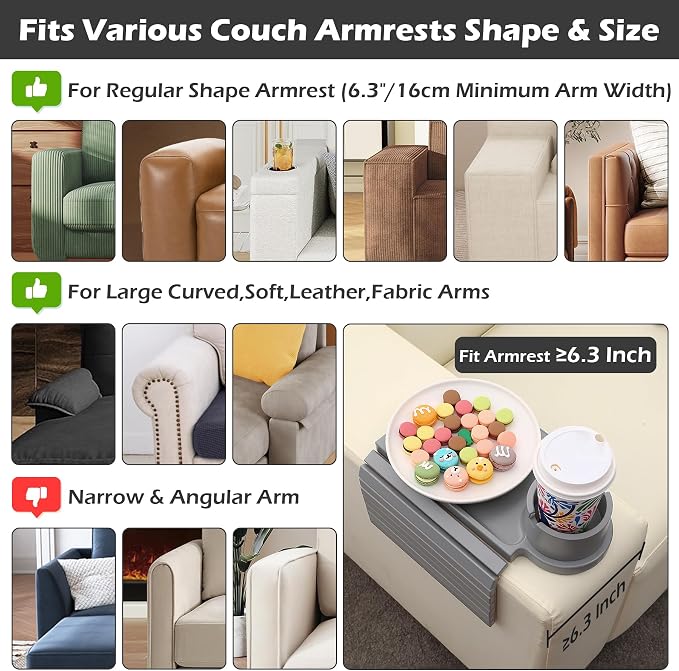 GHKINMAL Couch Cup Holder Tray, Large Couch Arm Table with 360° Ratated Phone Holder, 3 in 1 Bamboo Sofa Armrest Tray with Anti-Slip Couch Organizer for Remote,Cellphone,Snacks