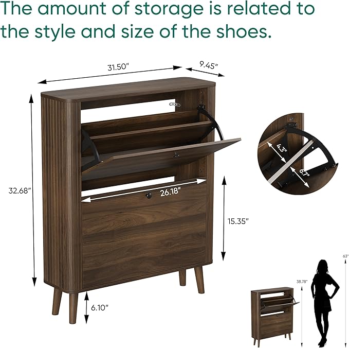 Smuxee Walnut Shoe Cabinet with 2 Flip Drawers, 31.5" Hidden Shoe Storage Cabinet with Curved Edge & Grille Stripe, Freestanding Shoe Organizer Cabinet for Entryway, Hallway, Living Room