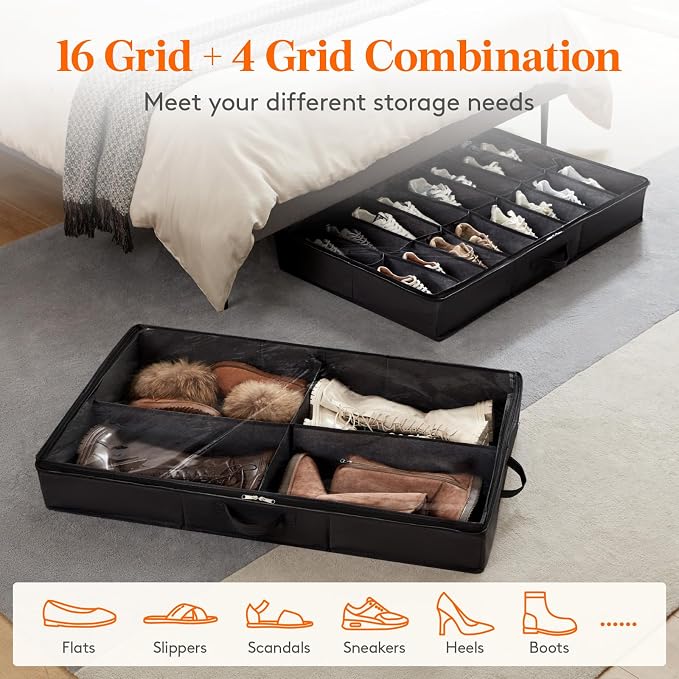 Lifewit Under Bed Shoe Storage Organizer 2 Pack(16 Shoes Cells+4 Boots Cells), 4.3 Inches Profile Fabric Shoes Container Box with Clear Cover, Foldable Storage Bag with 2 Handles, Fits 24 to 40 Pairs