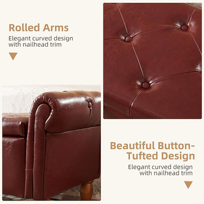 Storage Ottoman Bench, 50" Modern Upholstered End of Bed Bench, Faux Leather Rolled Armed Button-Tufted Ottoman with Storage for Living Room, Entryway, Window, Burgundy