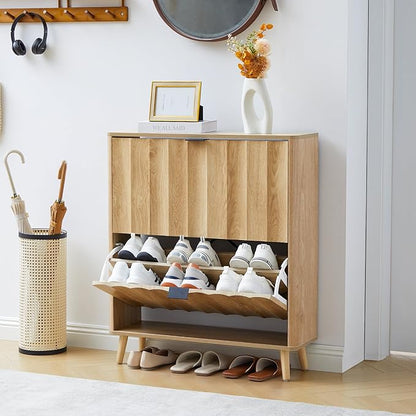 31.5” Fluted Shoe Cabinet Storage with 2 Flip Drawers,Narrow Freestanding Shoe Storage Organizer,Slim Shoe Rack Cabinet for Entryway,Hallway (Natural)