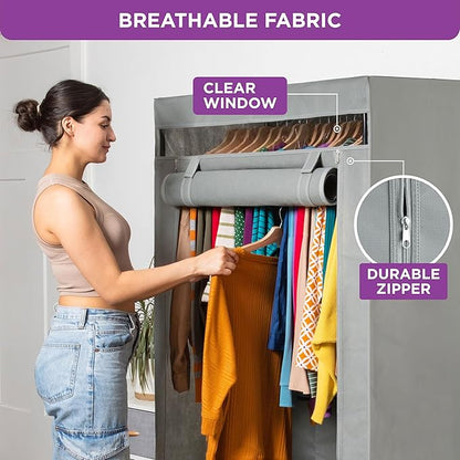 HOLDN’ STORAGE Portable Wardrobe Closet - 50 lb Capacity, Internal Heavy Duty Metal Rod, Zipper & Clear Window, Durable Clothes Organizer, Tool-Free Easy Assembly, Dark Gray Canvas Cover