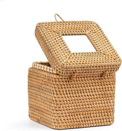 Rattan Square Tissue Box Cover- 5.7" x 5.7" x 5"-Decorative Woven Facial Tissue Holder with Hinged Top Lid- Facial Box for Home, Office,Bathrooms, Decoration (Yellow)