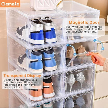 Clemate Upgraded X-Large Shoe Storage Box,8 Pack,Shoe Box Clear Plastic Stackable,Drop Front Shoe Box with Clear Door,Shoe Organizer and Shoe Containers For Sneaker Display,Fit up to US Size12