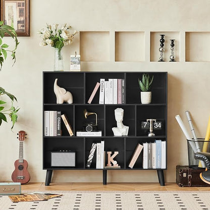 LEYAOYAO 10 Cube Bookshelf,3 Tier Modern Wide Bookcase with Legs,Mid-Century Wood Bookshelves Storage，Black Large Book Case,Freestanding Organizer Display Shelf for Bedroom,Living Room,Office