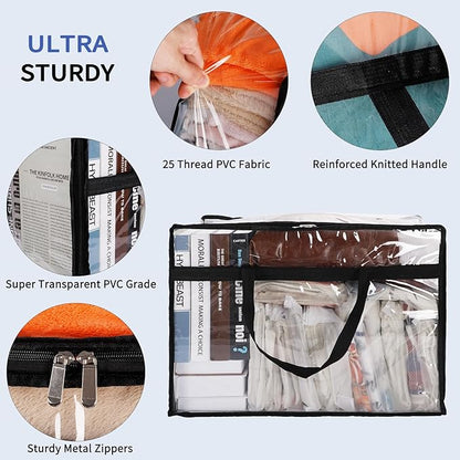 SGHUO Blanket Storage Bags 60L Extra Large Plastic Vinyl Clear Storage Bag for Clothes, Comforter, Bedding, Moving Bags with Zipper and Reinforced Handle (4pcs)