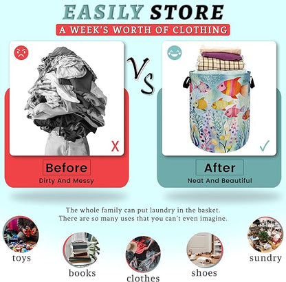 Watercolor Fish Laundry Basket Foldable With Handles Cute Fishes Tote Bag Oxford Cloth Colorful Laundry Hamper Clothes Storage Bucket Toy Organizer For Bathroom/Laundry/Bedroom 18.9"x16.5 "
