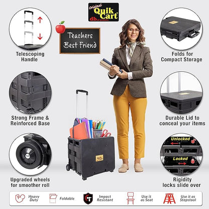 dbest products Quik Cart Collapsible Rolling Crate on Wheels for Teachers Tote Basket 80 lbs Capacity, Made from Heavy Duty Plastic Used as a Seat, Black