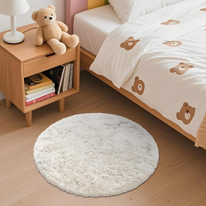 OLANLY Ivory Round Rugs for Bedroom - Machine Washable, 2 ft Circle Area Rugs for Living Room, Soft and Fluffy Shaggy Carpet for Teen Girls and Boys, Nursery Rooms, Dorms, Home Decor Aesthetic