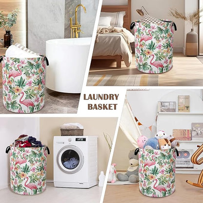 Pink Flamingo Laundry Basket,Floral Plam Collapsible Laundry Baskets with Handles,Waterproof Oxford Cloth Storage Basket 16"x20" for Bathroom/Bedroom/Dormitories
