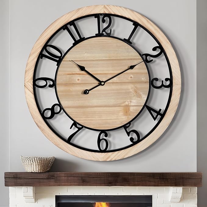 LEIKE 30 Inch Extra Large Wall Clock - Rustic Wooden Nearly Silent Wall Clock with Black Metal Frame, Vintage Farmhouse Decorative for Living Room, Bedroom, Kitchen - Arabic Numerals, Modern Design