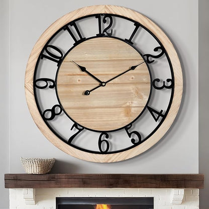 LEIKE 30 Inch Extra Large Wall Clock - Rustic Wooden Nearly Silent Wall Clock with Black Metal Frame, Vintage Farmhouse Decorative for Living Room, Bedroom, Kitchen - Arabic Numerals, Modern Design