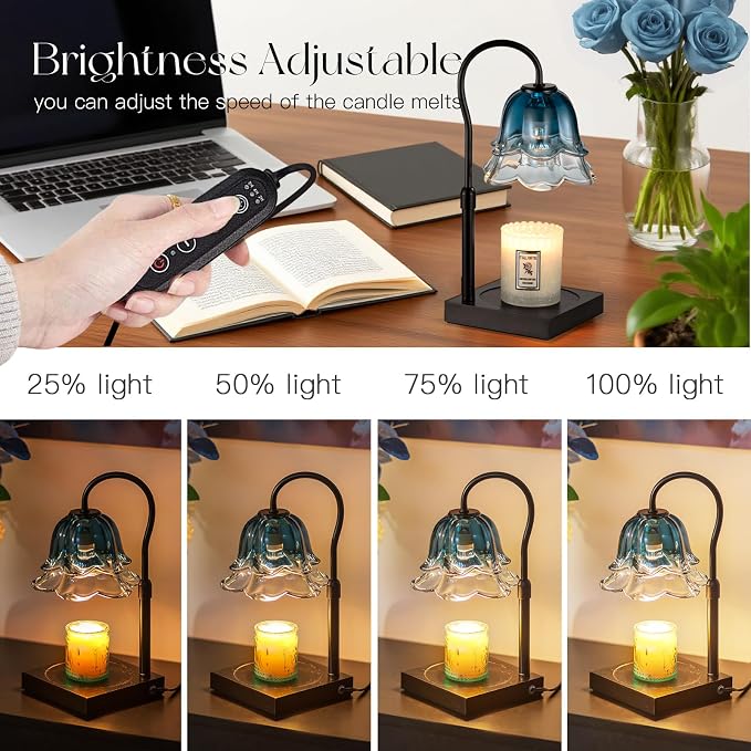 Candeldo Candle Warmer Lamp with Timer: Navy Blue Flower Candle Warming Lamp with 2 Bulbs Height Adjustable Wax Warmer Dimmable Bedroom Decor Mothers Day Birthday Gift for Women