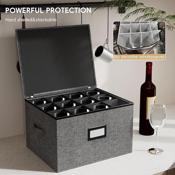 homyfort Wine Glass Storage Box with Dividers, Crystal Stemware Storage Containers Hard Shell, Service for 24 Wine Glasses Or Goblet (Grey)
