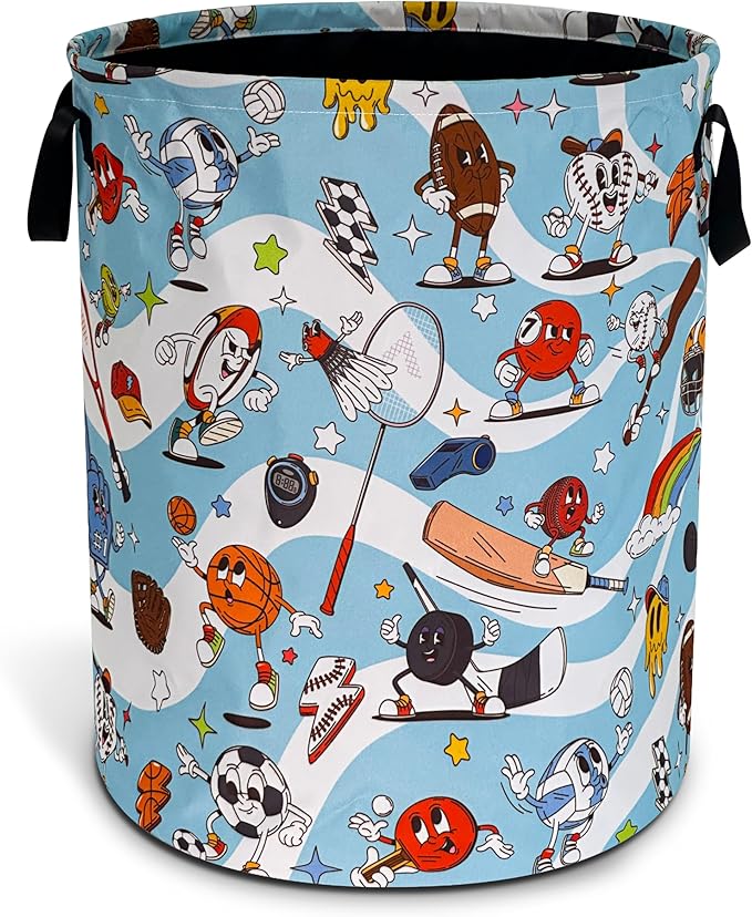 Ball Sports Laundry Basket Funny Balls Game Foldable Waterproof Oxford Cloth Tote Bag Laundry Hamper Round Large Clothes Storage Bucket Toy Organizer For Bathroom/Laundry Storage/Bedroom 18.9x16.5 In