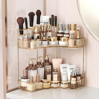 BEFSOP Corner Bathroom Counter Organizer, Upgraded 2-Tier Makeup Organizer Countertop with Makeup Brush Holder, Skincare Exquisite Vanity Organizers Countertop Bathroom Storage Dresser(GOLD)