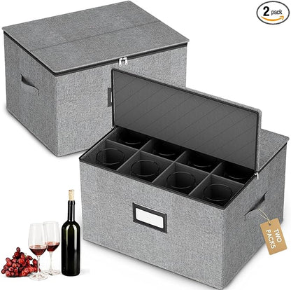 homyfort Wine Glass Storage Box with Dividers, Crystal Stemware Storage Containers Hard Shell, Service for 24 Wine Glasses Or Goblet (Grey)