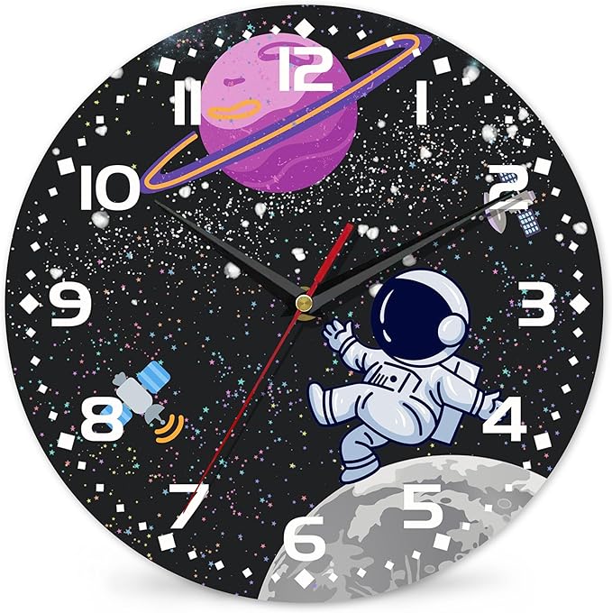 Cartoon Astronaut Wall Clock - Moon Contemporary Home Decor, Easy to Read for Living Room, Bedroom, Bathroom and Kitchen, 10 Inch