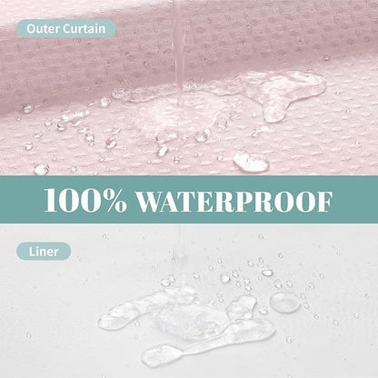 BlushPink No Hook Waffle Weave Shower Curtain with snap-in Liner Replacement, 230GSM Waterproof Fabric Hotel Shower Curtain Set for Bathroom, Through Mesh Top Window,71Wx74H