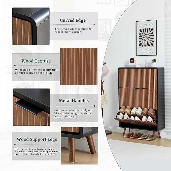 47" Fluted Shoe Cabinet with 3 Flip Drawers, Slim Freestanding Hidden Shoe Cabinet Organizer, Narrow Shoes Storage Rack for Entryway(Walnut with Black, 3 Drawers)