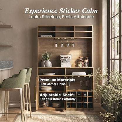 BELLEZE Jagger Bar Cabinet with Wine Rack & 8 Stemware Glass Holders, 72" Tall Liquor Coffee Bar Storage Cabinet with Adjustable Shelves, Fluted Doors & Golden Metal Handles, Camel
