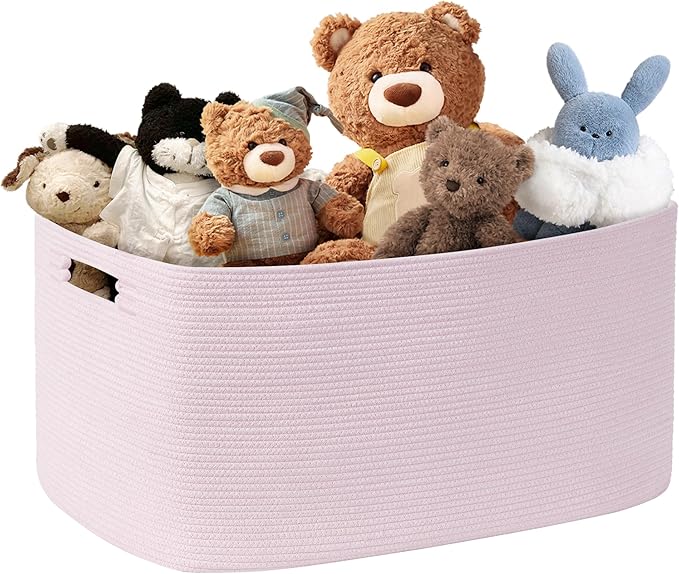 SunNewt 60L Small Baby Girls Laundry Basket for Nursery Storage,Cute Woven cotton Rope Baskets for Kids Toy，Gifts, Boho Square Wicker Blanket hamper for Living Room,Bedroom Dirty Clothes,Pink