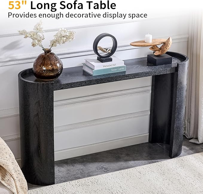 53" Console Table for Entryway, Narrow Sofa Entrance Table with Faux Mars Marble Pattern, Modern Sofa Tables with Round Raised Edge Design for Living Room, Hallway, Foyer, Home Office, Black