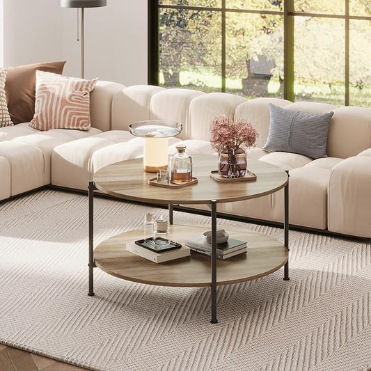 WLIVE Round Coffee Table, 32.6" Small Coffee Table with Storage Shelf, 2-Tier Circle Wood Center Table for Living Room, Apartment, Rustic Brown (Grey, 32.6" D x 32.6" W x 17.5" H)