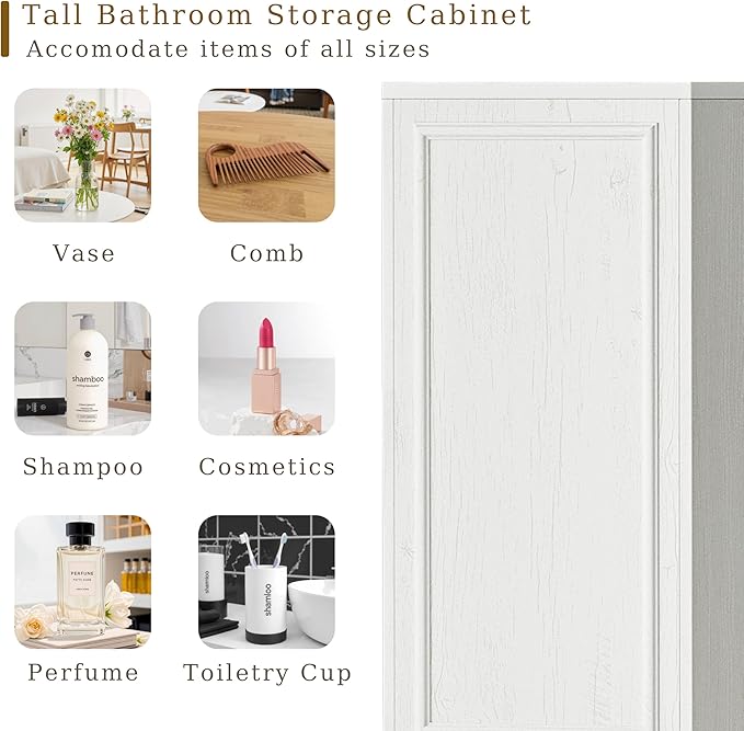 Tall Bathroom Storage Cabinet, Wall Mounted or Floor Mounted,Narrow Slim Wall Cabinet with 2 Door, 1 Drawer, Open Shelf for Living Room, 11.81" D x 11.81" W x 65" H (Line White, 2 PCS)