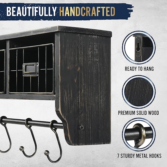 HBCY Creations Wall Mounted Shelf with Coat Hooks and Baskets, Solid Wood Entryway Organizer Wall Shelf with Hooks - Hang Coats, Keys, Rustic Blackwash 24" Wide