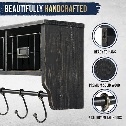 HBCY Creations Wall Mounted Shelf with Coat Hooks and Baskets, Solid Wood Entryway Organizer Wall Shelf with Hooks - Hang Coats, Keys, Rustic Blackwash 24" Wide