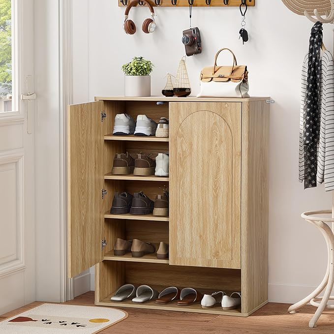 Shoe Cabinet, 5 Tier Wooden Shoe Storage Organizer Cabinet with Adjustable Shelves, Shoes Rack Accent Cabinet for Entryway Hallway Living Room, Natural