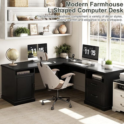 Unikito Farmhouse L Shaped Executive Desk with File Drawers, 60" Corner Computer Desk with Power Outlets, Large 2 Person Home Office Table with Storage Cabinet, Sturdy Writing Desk, Black