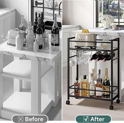 Bar Cart with Wine Rack, Serving Cart for Home, Microwave Cart, Drink Cart, Mobile Kitchen Shelf with Glass Holder, Rolling Beverage Cart for Dining Room (Black)
