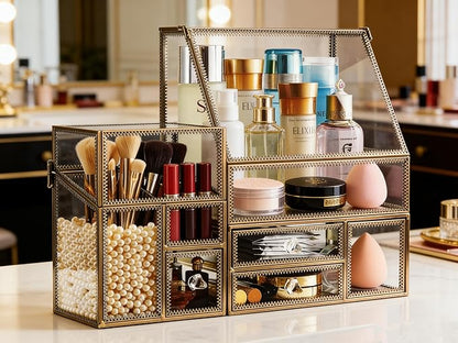Hersoo Glass Antique Brass Stackable Drawer Set Makeup Organizer for Vanity Antique Countertop Vanity Cosmetic Storage Box Mirror Glass Beauty Display