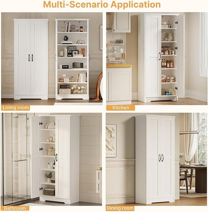 70" Tall Storage Cabinet, Large Wood Storage Pantry Cabinet with 6 Adjustable Shelves & 2 Doors, Standing Utility Storage Cabinets for Kitchen, Bathroom, Dining Room (Soft White)