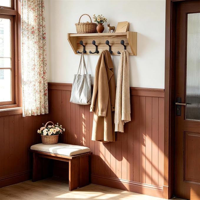 SKOLOO Wall Shelf with Hooks, 24-Inch Coat Rack Wall Mount with Shelf Organizer - Heavy Duty, 4 Tri Hooks - Perfect for Entryway, Hallway, Living Room, Bedroom, Mudroom, Wood Brown & Black