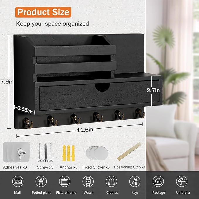 Key and Mail Holder for Wall, Mail Organizer Wall Mount with 6 Hooks and Storage Drawer, Wooden Key Rack Hanger with Shelf for Entryway and Home Decor