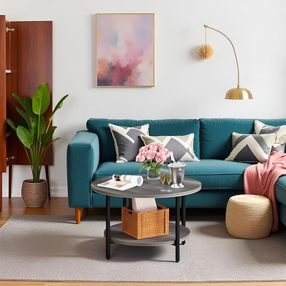 Coffee Table, 27.6“ Circle Coffee Tables for Living Room, 2 Tier Round Coffee Table with Storage, Wood Accent Center Floor Table for Bedroom, Industrial Home Office, Elegant Gray