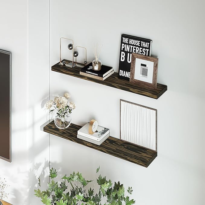 Howizz 24'' Pine Wood Floating Shelves for Wall- Set of 2 - Rustic Wall Mounted Wooden Shelf for Stylish Home Décor (Dark Brown, 24x6.5x1.25), 2pcs