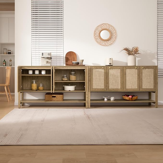 SICOTAS Rattan Sideboard Buffet Cabinet with Open Storage - Large Storage Cabinet with 4-Doors and Adjustable Shelves, Boho Credenza Coffee Bar Cabinets Buffet Table Console Table for Kitchen,Hallway