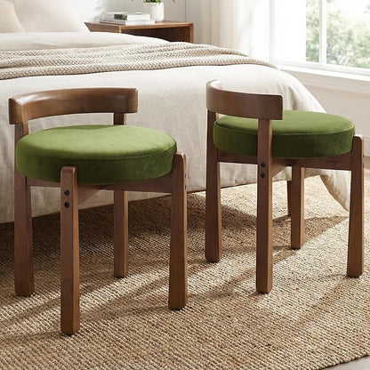 HNY Vintage Green Velvet Makeup Stool Set of 2 Compact Round Ottoman Chairs with Wooden Legs, Perfect for Small Spaces Like Entryway, Cloakroom & Boudoir
